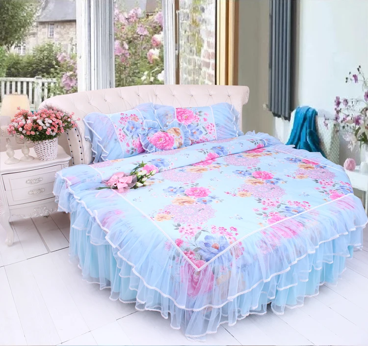 Sale LACE ROUND Corner Bed Europe Orange color Flower Bedding sets Cotton Round Double Bed sheet Duvet cover Pillow case Bedskirt 4