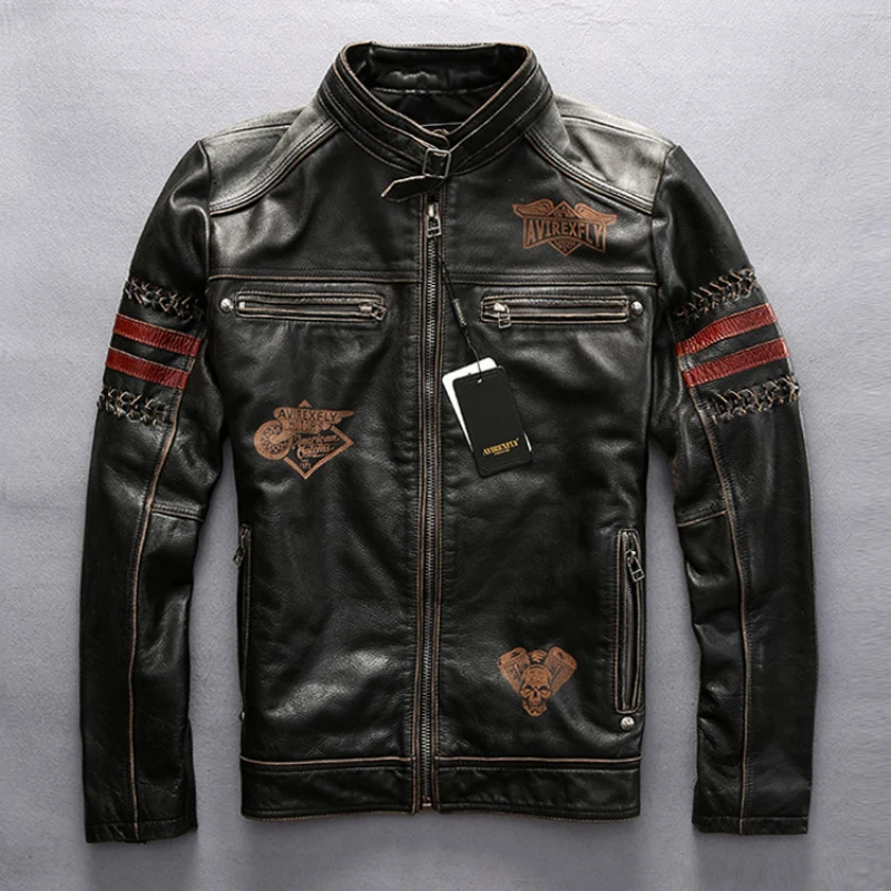 

2019 Men's Genuine Leather Jacket Vintage Black Thick Cowhide Slim Fit Motorcycle Biker Embroidery Coat Spring Plus Size Jacket