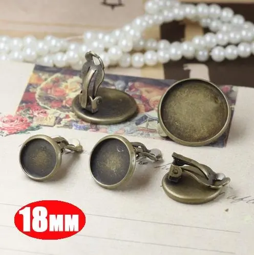 

18MM vintage brass bronze clip on earrings stud base setting bezels tray 1701005-4