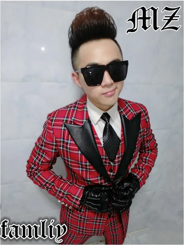 

2018 NEW MEN Night Bar Dj Male Singer Bigbang Right Zhilong Scotland Red Collar Suit Case Black Leather Costume