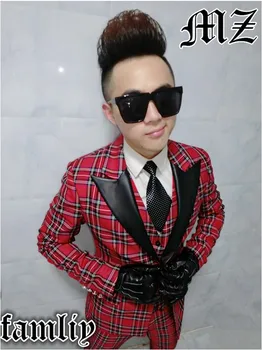 

2020 New Men Night Bar Dj DS Male Singer Scotland Red Lattice Collar Suit Case Black Leather Costume Set (Blazer+Vest+Pants)