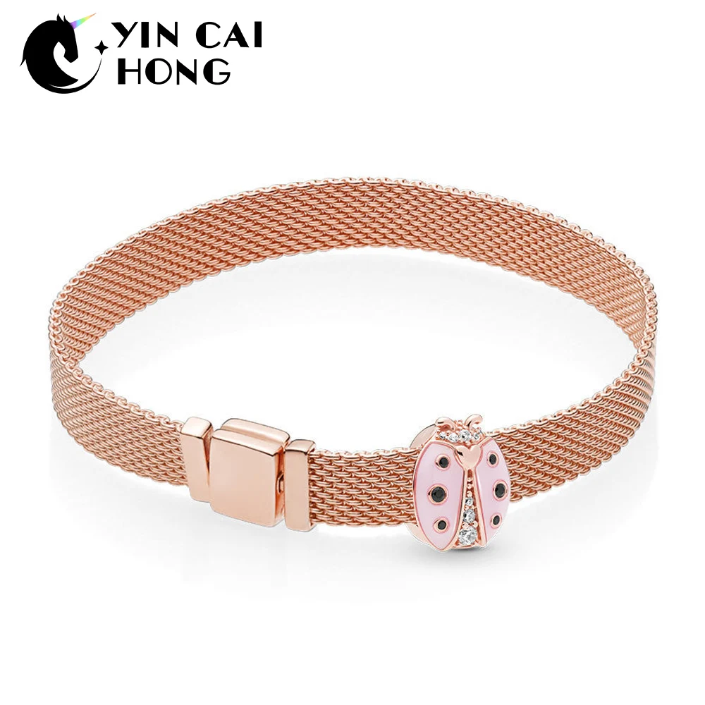 

YCH 100%925 sterling silver new rose reflection space ship clip charm thinking ladybug bracelet set RAU0586 767862EN16