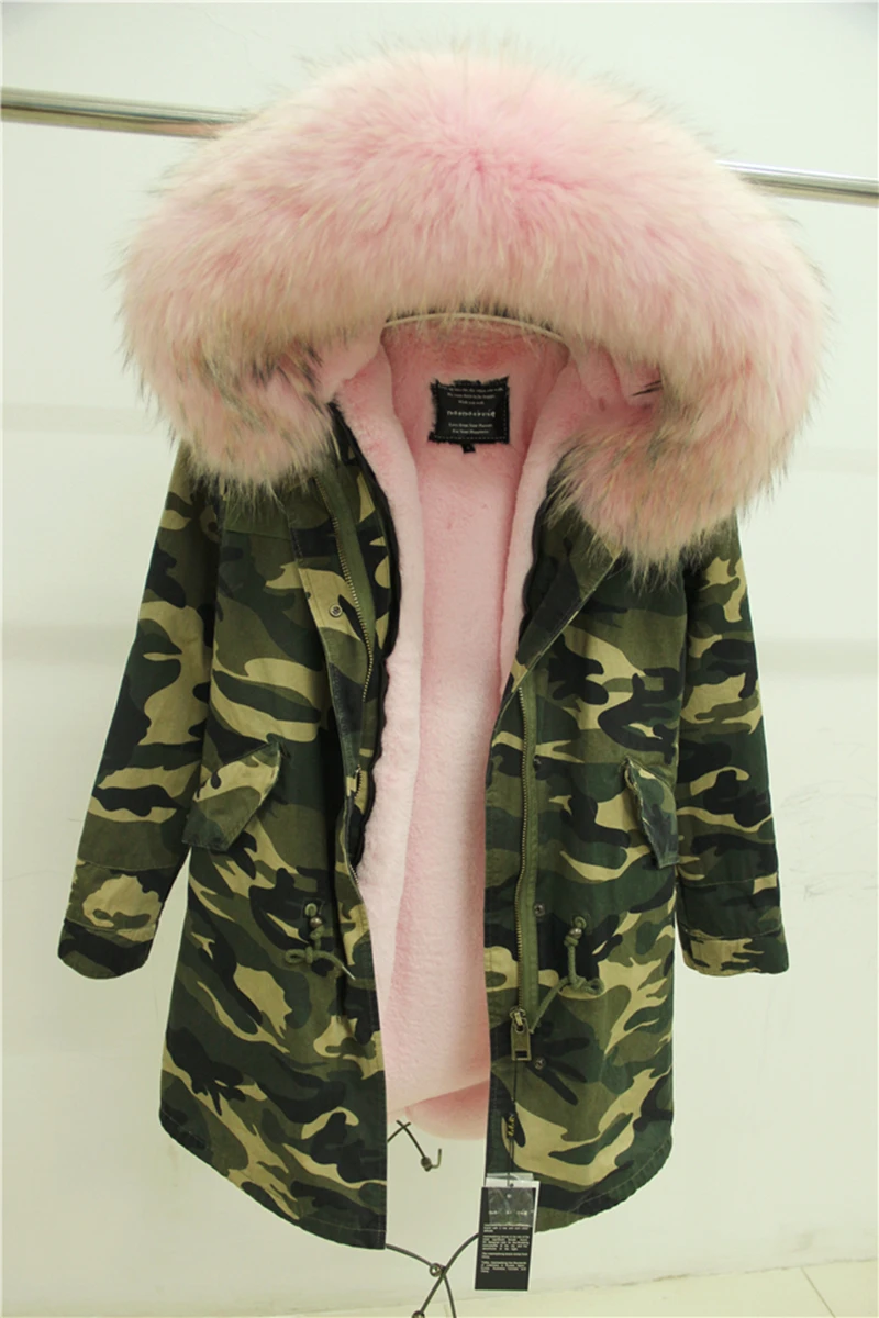 Мех Любовь Женщины Зима Camo Parka большой енота меховым воротником куртка с капюшоном Верхняя одежда 2 в 1 съемная подкладка зимняя куртка фирменный стиль