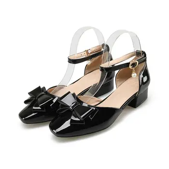 

B2-7 Size 34-46 Female Patent Leather Elegant Bowknot Sandals Girls Solid Colors Sandal Woman Thick Heels Shoes Career Shoe