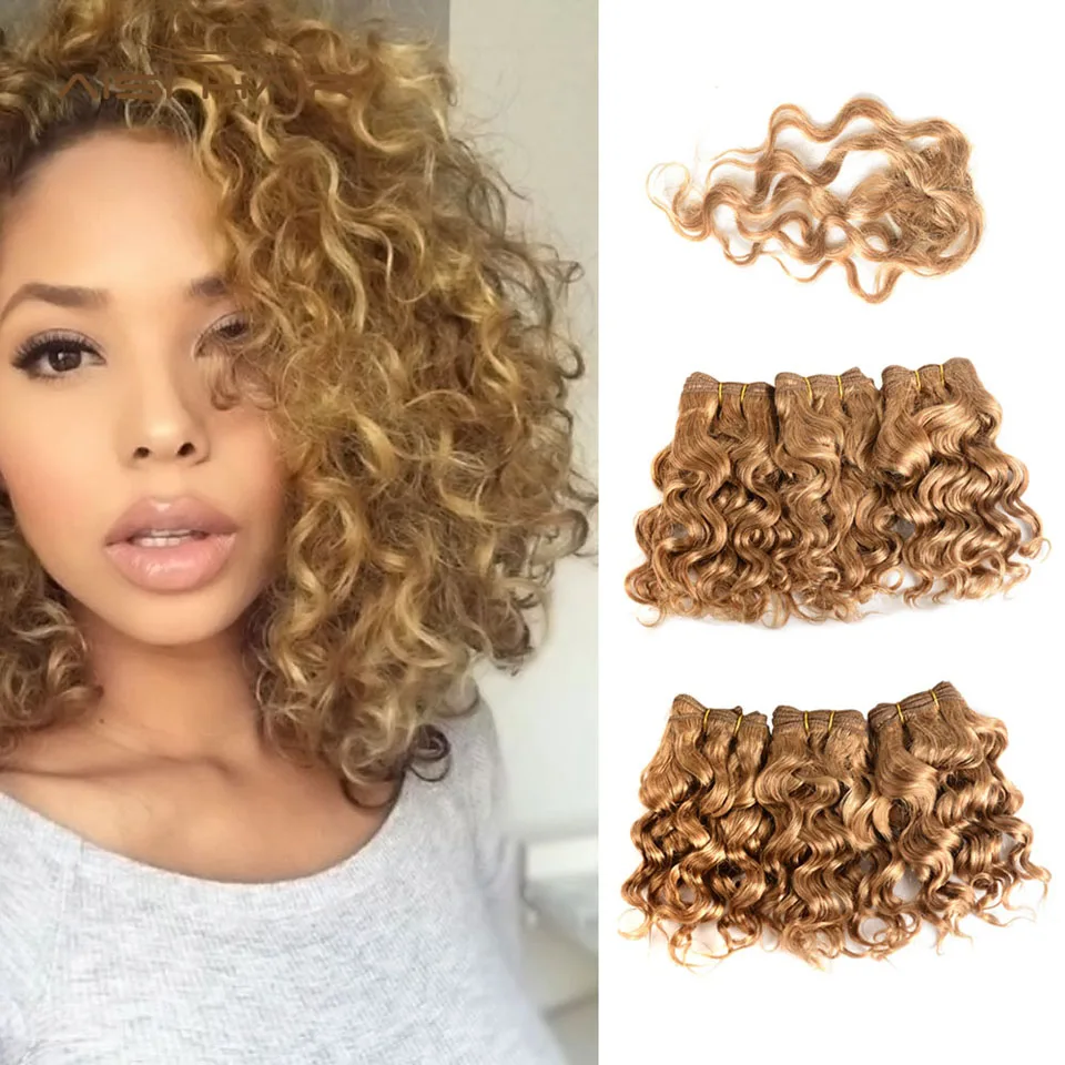 AISI Peruvian Honey Blonde Curly Human Hair Bundles With Closure Short