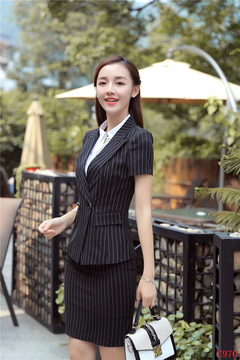 Летние Формальные черные полосатые блейзеры женские юбочные костюмы куртка с коротким рукавом рабочая одежда наборы дамы офисный