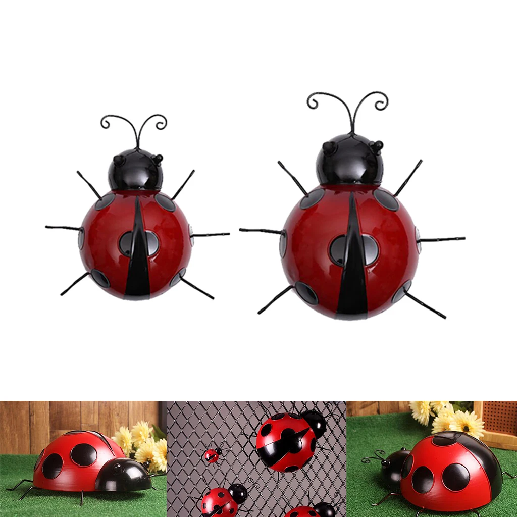 2pcs Metal Ladybug Fence Hanger Wall Hanging Outdoor Garden Decorative Figurine Wall Art, Red, 10cm 16cm