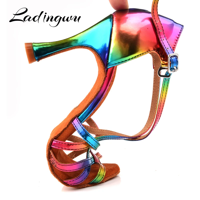 Ladingwu Fashion Latin Dance Shoes Rainbow Color PU Women Salsa Shoes Dance Sandals Unique Design Latex soft bottom Size 33-44