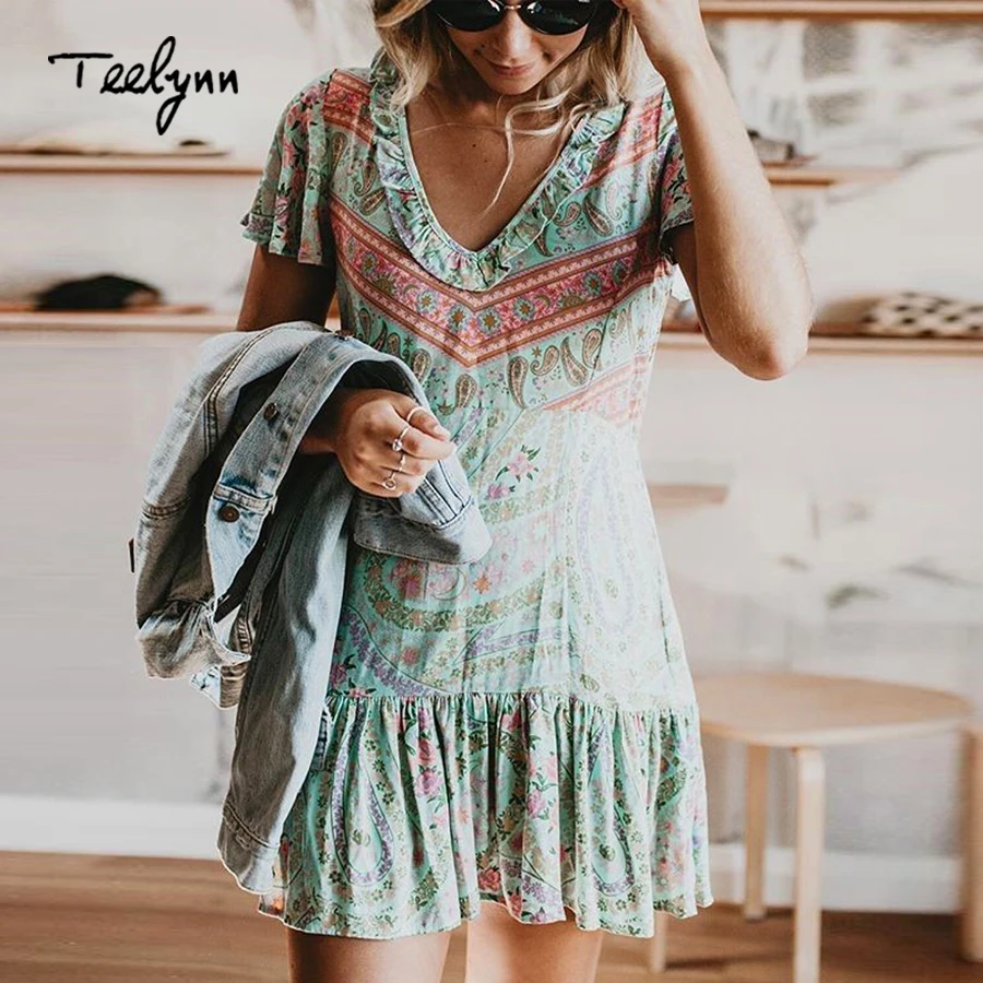 Teelynn Mini Dresses 2018 Rayon Floral Print Short Dresses Ruffles