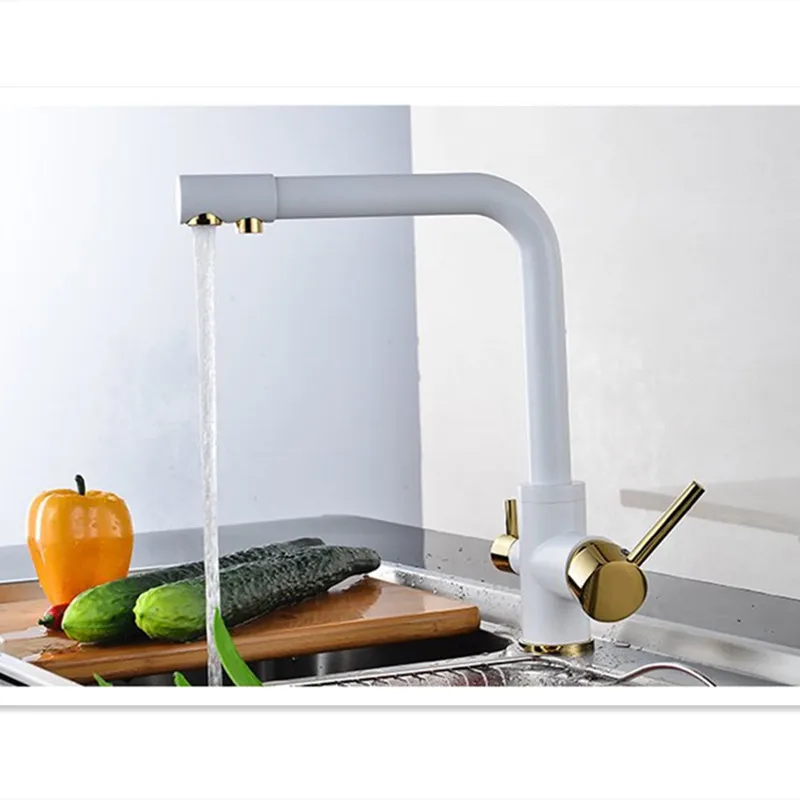 Новый Смеситель для кухонной раковины из белого золота, семь букв, дизайн, вращение на 360 градусов, кран для очистки воды с двойной ручкой