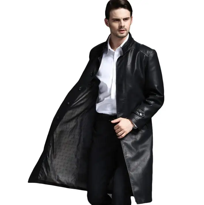 Осеннее длинное кожаное пальто со стоячим воротником 219, мужское повседневное двубортное пальто, мужской кожаный Тренч, черные модные пальто M-3XL