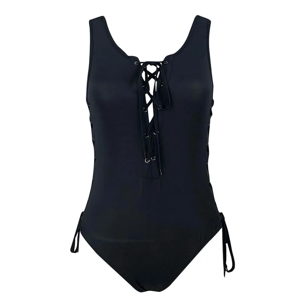 2019 women's plus-size bikinis set summer solid color deep V-neck one-piece hanging neck strap bikini swimsuit push up 40J8 (8)