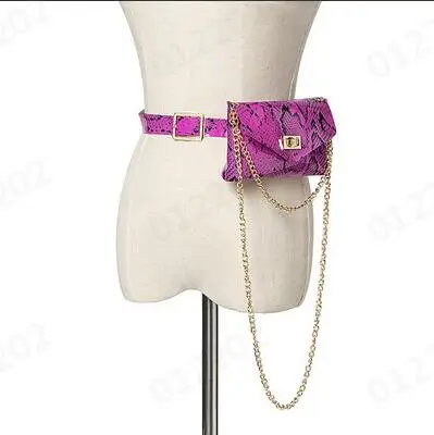 Pu Leahter Waist Bag Famal Fashion Waist Belt Women Waist Pack Serpentine Fanny Pack Leather Fashion Snake Skin Waist bag - Color: Plum