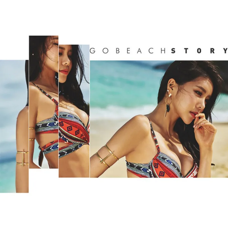 

Women Sexy Ethnic Style Gathered High Waist Print Simple Lace-Up Openwork Halter Cross Strap Split Bikini Set