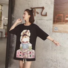 Dell женщина в длинной зерна с коротким рукавом Футболка с Новинка сезон весна-лето корейский chic свободные печатных ins пальто