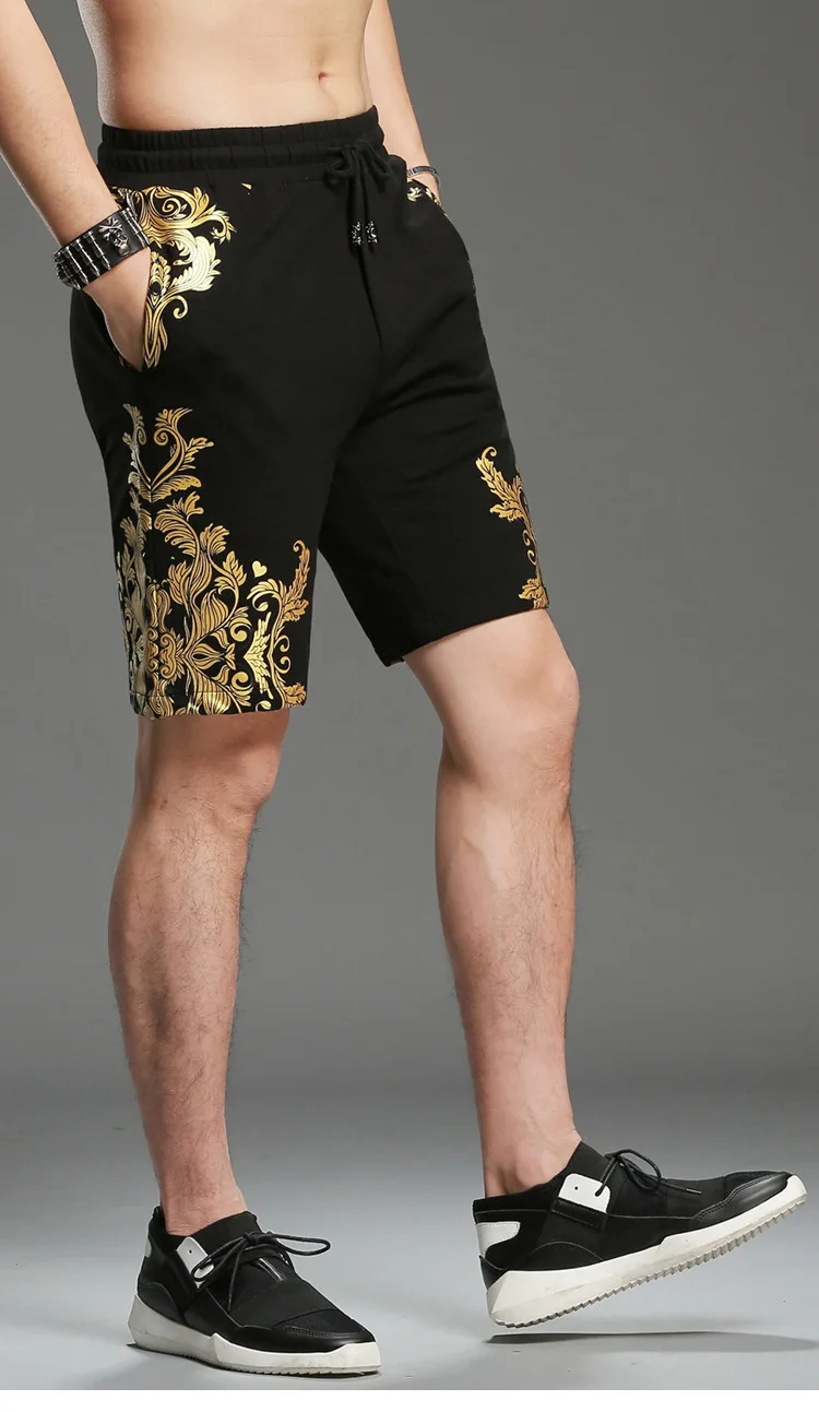 Летние мужские повседневные шорты, хлопковые Позолоченные с цветочным принтом, прямые мужские спортивные штаны, корейские модные короткие брюки