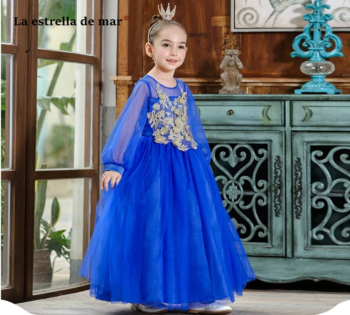 Vestido de daminha/Новинка 2019 года, Тюлевое платье с длинными рукавами и накидкой, королевское синее Пышное Платье для девочек, длинное платье с