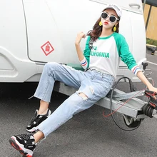 S-XL в Корейском стиле Высокая талия рваные джинсы для женщин Свободные шаровары джинсы женские femme(C8110