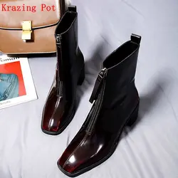 Krazing Pot/рекомендуем полный зерна кожи с квадратным носком уличная квадратный Обувь на высоком каблуке застежки-молнии Теплые Челси