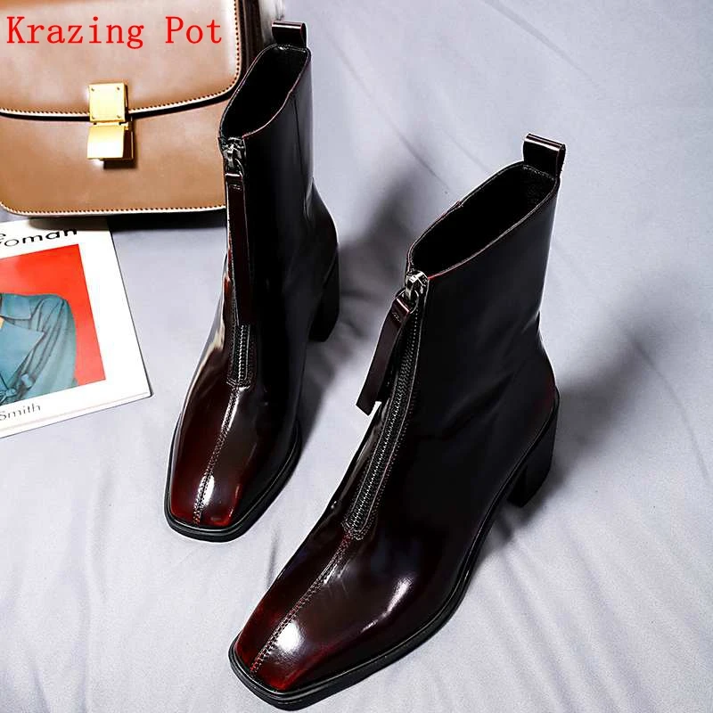 

Krazing Pot recommend full grain leather square toe streetwear square high heels zipper fasteners warm Chelsea ankle boots L02