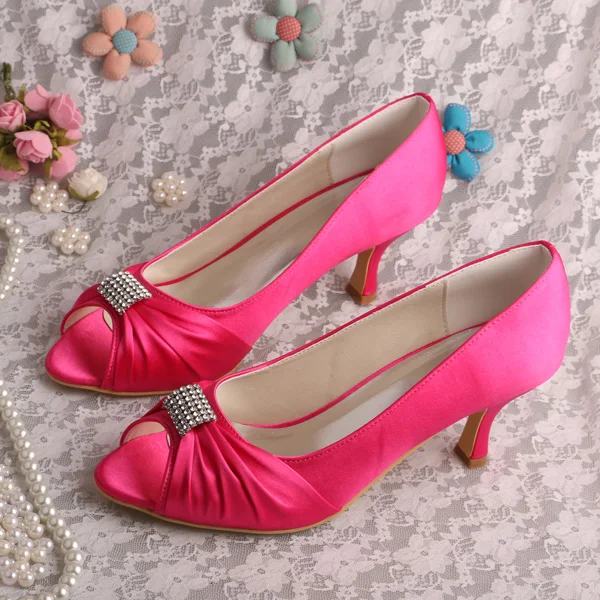 

Wedopus Spring Women Shoes Prom Med Heel Satin Wedding Bridal Shoes Pleated Open Toe