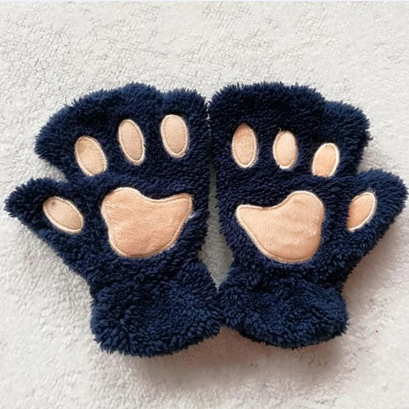 Женские перчатки Harajuku, кошачья лапа с когтями, толстые, Мультяшные, пушистые, на полпальца, Kawaii Harajuku, зимние теплые женские перчатки, милые, для студентов - Цвет: navy blue