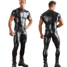 Sexy Men Two Way Zipper Open Crotch Bodysuit PU Shiny Catsuit Jumpsuit Erotic Costumes Club Punk Playsuit Gay Wear Plus Size F42