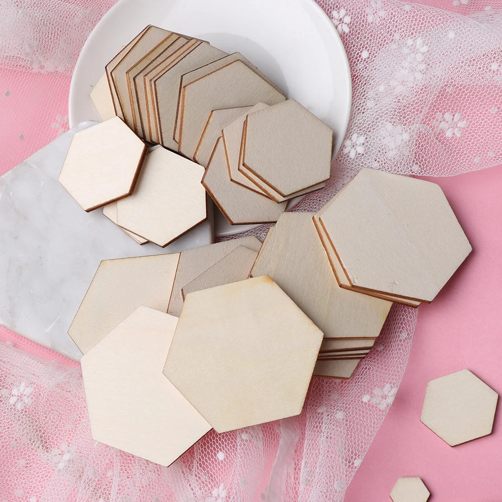 

50/100pcs New Hexagonal Shape Wood DIY Laser Cut Embellishment Craft Home Decor Ornaments Wedding Party Supplies