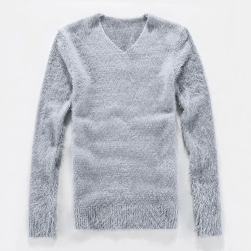 Осенне-зимний Модный хлопковый тонкий Однотонный пуловер с v-образным вырезом, мужской свитер, длинный теплый свитер с подкладкой, большой размер 3XL - Цвет: Светло-серый