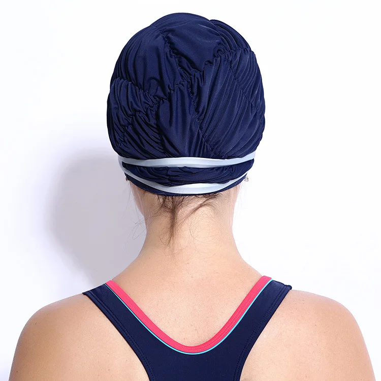 Профессиональная спортивная Женская длинная шапка для защиты ушей из нейлона высокого качества водонепроницаемая шапочка для плавания высокая эластичная шапка для бассейна - Цвет: Navy Blue