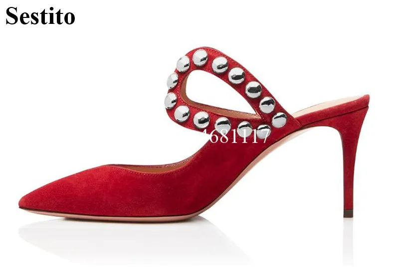 

2019 spring new European and American tide shoes pointed rivets black red cover toe pointed toe heels