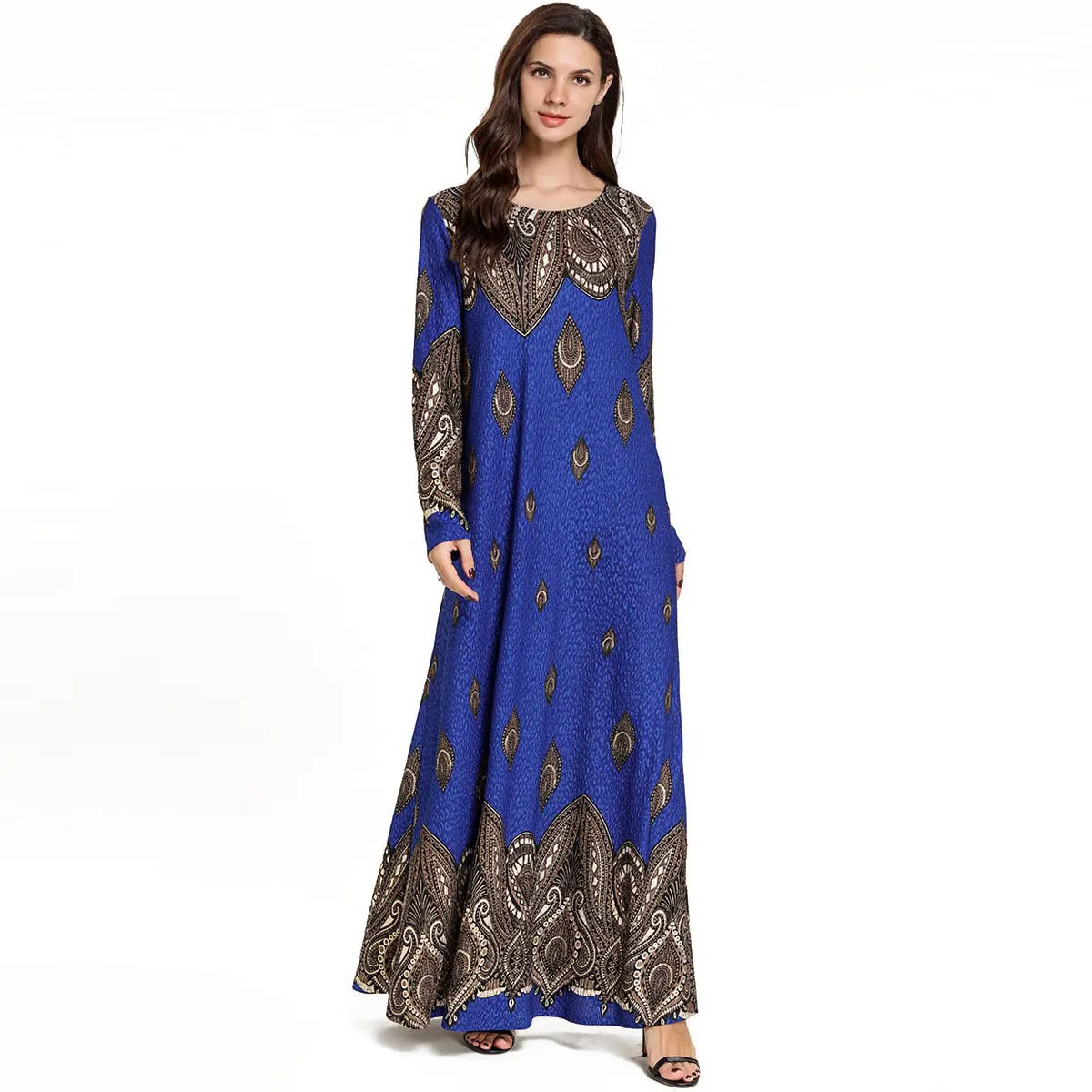 

Elegant Muslim Hot Stamping Abaya Women Long Sleeve Ethnic Maxi Dress Plus Size Dubai Islamic Arabic Ramadan Robe Gown VKDR1714