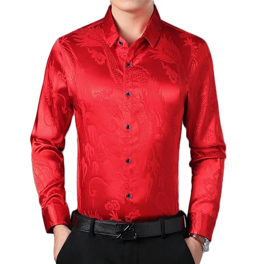 Бордовая гладкая шелковая сатиновая рубашка для мужчин китайский дракон жаккард для мужчин s приталенная рубашка с длинным рукавом на пуговицах Рубашка 4XL - Цвет: Red