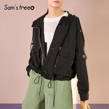 

Samstree Spring Summer Women Short Coat Drawstring Hoodied Female Jacket Drop-shoulder Batwing Sleeve Solid Color