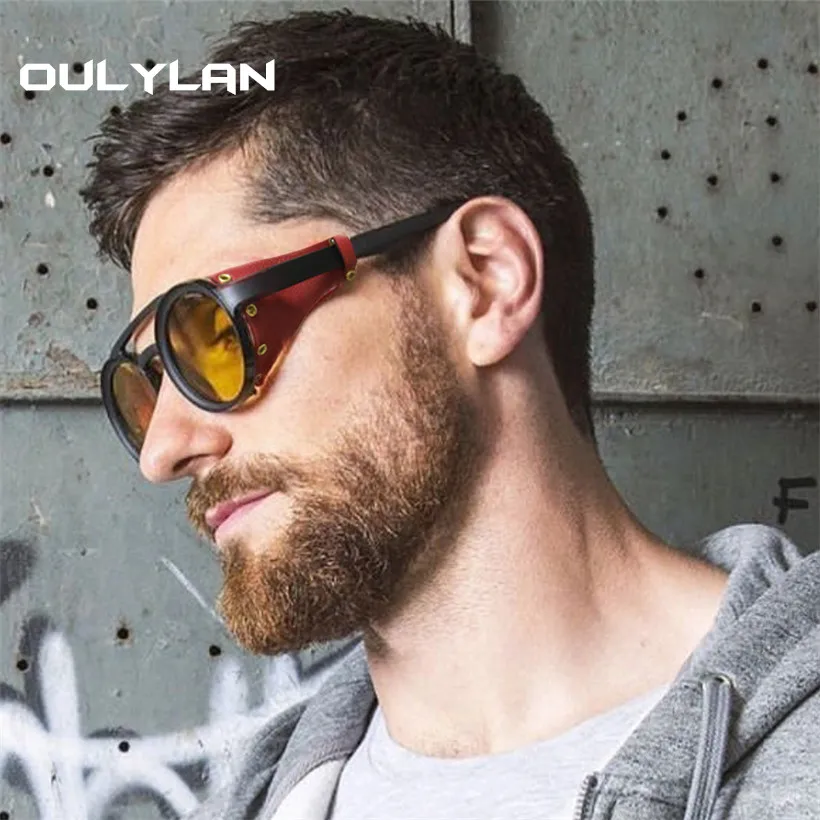 Oulylan Leather Steampunk Sunglasses Polarized Men Round Driving Sun Glasses Women Retro Punk Style Glasses