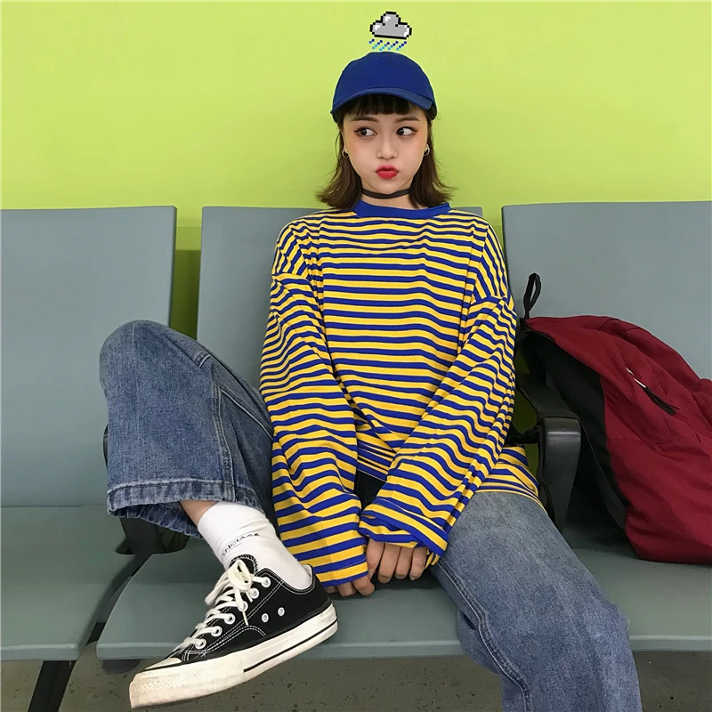

YouGeMan Autumn Korean Ulzzang Sweatshirt Hoodie Women Long Sleeve Sweatshirts Harajuku Striped Loose Pullovers Hoodies Tops