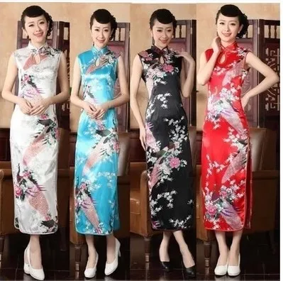 1 шт./партия,, традиционное китайское платье, винтажное китайское женское атласное длинное платье Ципао с цветочным принтом, костюм Танга