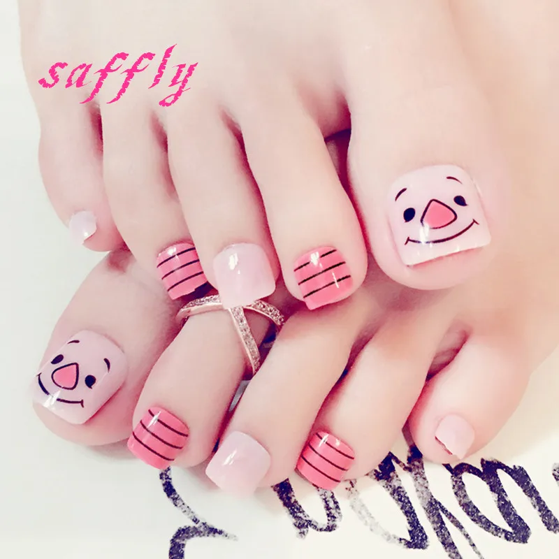 高品質偽爪パッチ夏ストライプ足の爪24ピース セット四角いヘッドピンク足爪素敵な笑顔偽の足ネイル Fake Foot Nail Fake Nailsfoot Nail Aliexpress