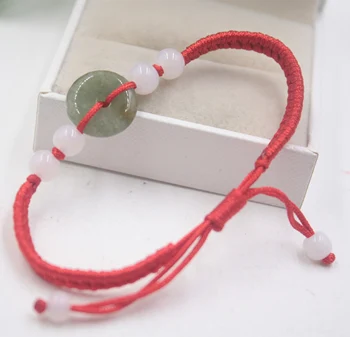 

Real Natural Jade Jadeite Bracelet Round Beads White Safety Button For Women And Men Red Weave Lucky Bracelet 6.3''L