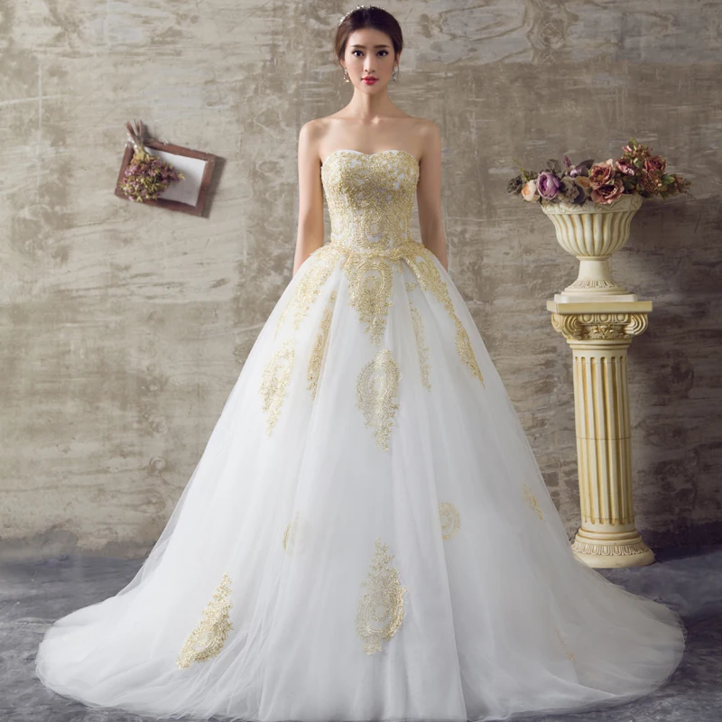 2017 White And Gold Wedding Dresses Ball Gown Sweetheart Lace Up 2017 White And Gold Wedding Dresses Ball Gown Sweetheart Lace Up Back Off The Shoulder Vestidos De Noiva Princesa 2016 In From Weddings