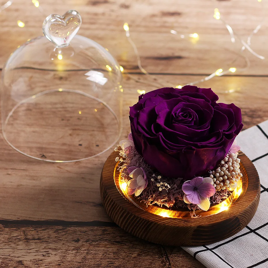 Светодиодная лампа в стеклянном куполе, эксклюзивная Роза, бессмертный цветок, день рождения, Красавица и чудовище, вечная мать, день рождения, фиолетовая Роза