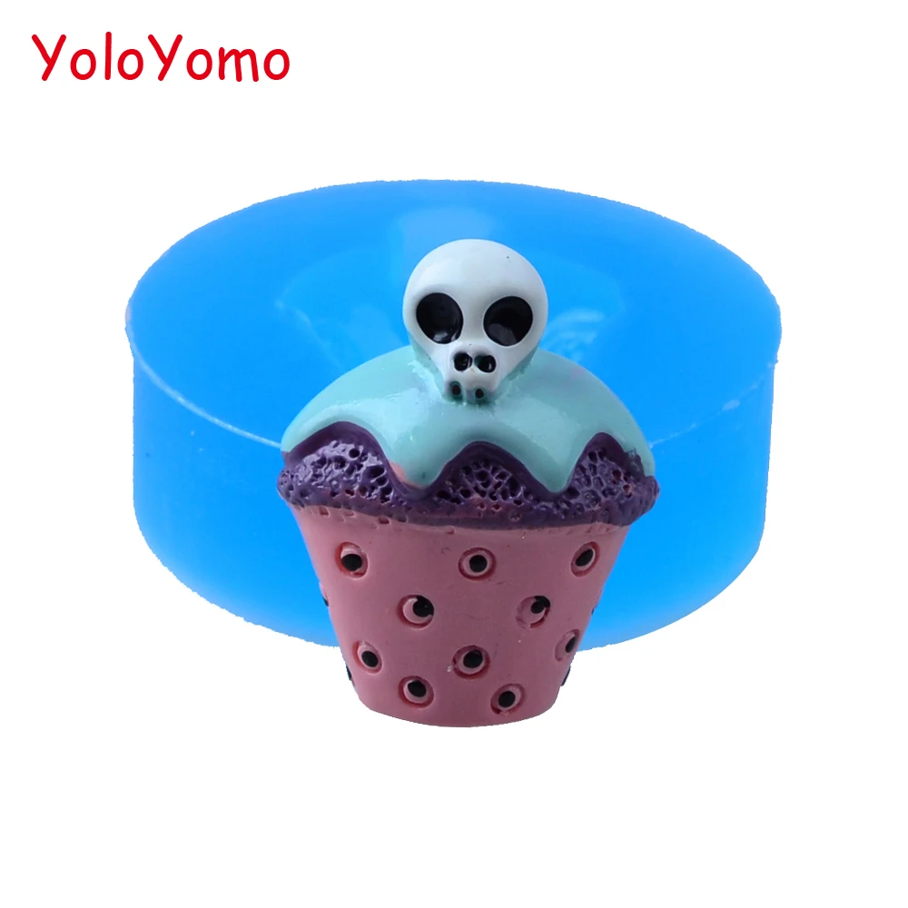 J307YL 25.7mm Halloween Cupcake with Skull Silicone Mold for Fondant