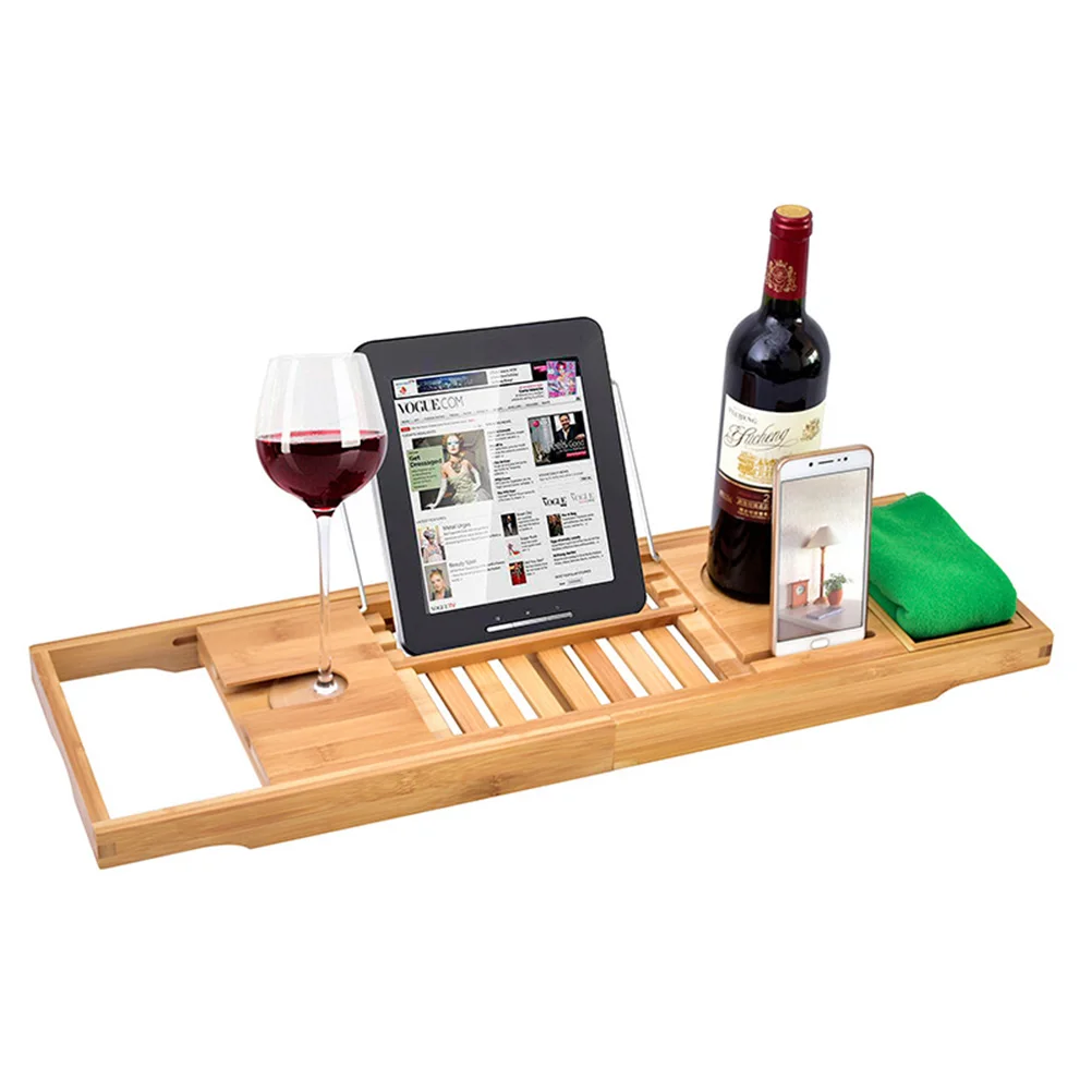 Бамбуковый лоток для ванной с удлиняющимися боками, подставка для чтения, держатель для планшета, лоток для мобильного телефона и держатель для винного стекла, роскошное удовольствие
