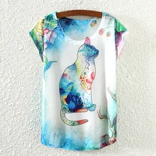 Women Tops Tees 2017 New Summer style Casual Fashion Short Sleeve T Shirt cat Printing Hot