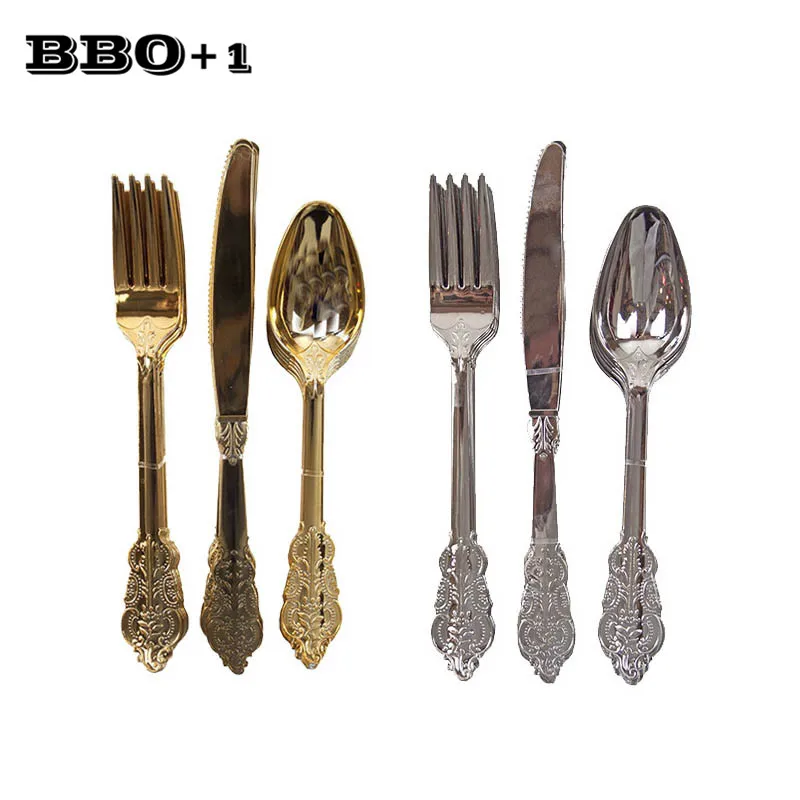 

3pcs Takeout Tableware Set Disposable Imitation Metal Plastic Gold And Silver Carved Knives And Forks Spoons Western Tableware