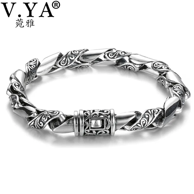 

V.YA 8mm 925 Sterling Silver Men Bracelet Bangle Personalized Roll Grass Pattern Thai Silver Bracelets Male Mens Jewelry