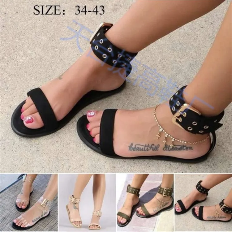 

Women flats sandals gladiator summer transparent open toe jelly shoes ladies vintage roman buckle strap beach sandals big size