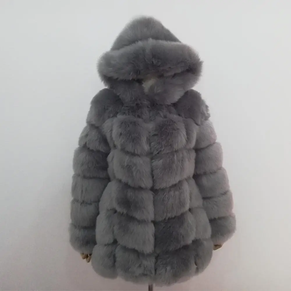 Lisa Colly, Женское зимнее пальто из искусственного лисьего меха, пальто, новое длинное пальто из искусственного меха, куртка с капюшоном, женское плотное меховое пальто, верхняя одежда - Цвет: Серый