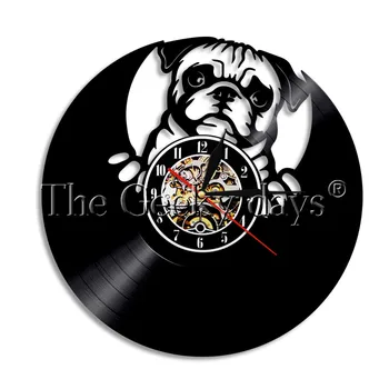 

1Piece English Pulldog Pug Dog Vinyl Record Wall Clock House Pet Puppy Wall Clock Animal Home Kid Room Decor Handmade Time Clock