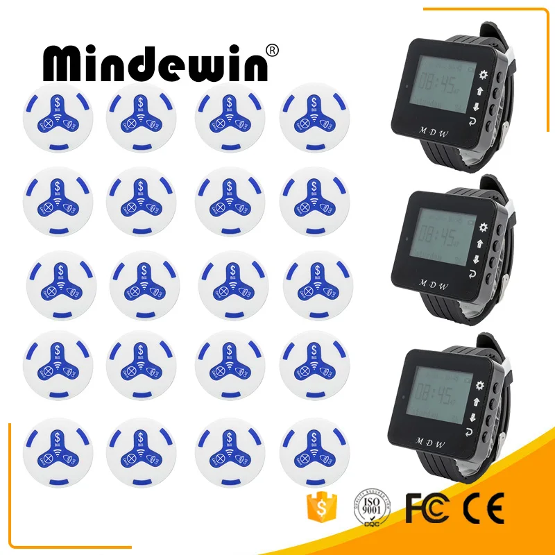 Mindewin передатчик вызова ButtonM-K-3 и Смарт часы M-W-1Receiver ресторан пейджер Беспроводная система вызова питание оборудование - Цвет: White Blue